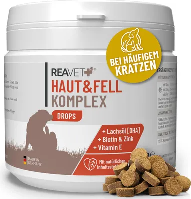 Produktbild von REAVET Haut & Fell Drops – Leckerli für Hunde, die sich häufig kratzen – Hundesnack mit Lachsöl & Biotin, sowie mit hautberuhigenden Inhaltsstoffen aus Teufelskralle & Kokosöl 350g (160 Stück)