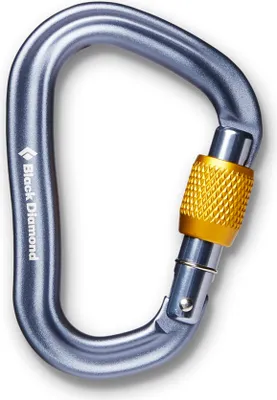 Der Vaporlock Screwgate von Black Diamond ist ein silberner Karabiner mit einem gelben Schraubverschluss.