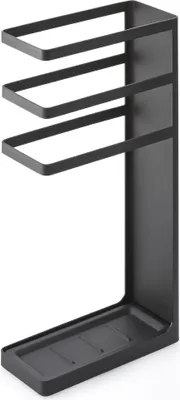 A black metal umbrella stand with three horizontal bars and a tray at the bottom, shown against a white background.
