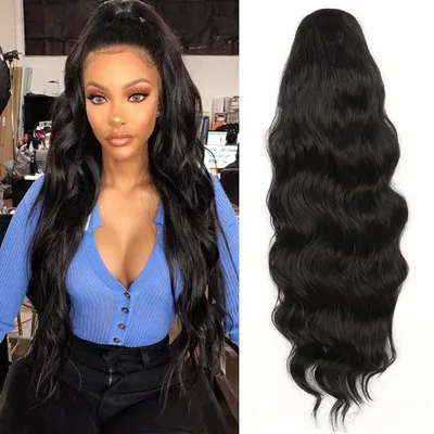 Produktbild von Haarteil Pferdeschwanz Clip Extensions Kordelzug Lang Wellig Schwarz Haarverlängerung Afro Lockig