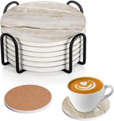 Productafbeelding van Onderzetters - Set van 6 - 10 cm ronde marmeren glazen onderzetters - Keramische onderzetters - Set met houder - Absorberende kurkvloer
