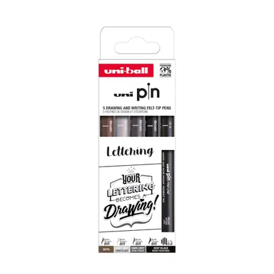 Imagen del producto de uni-ball PIN/5 PF ASP012: Juego de 5 bolígrafos delineadores "Lettering"