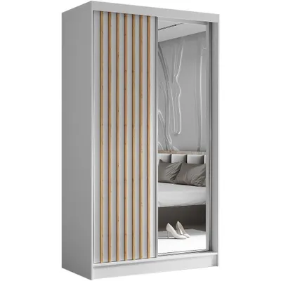 Produktbild von Schwebetürenschrank HELIX 120cm Weiß/Artisan – 2-türig, Kleiderschrank mit Lamellen & Spiegel & Schiebetüren