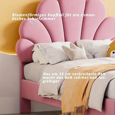 Immagine prodotto di Letto a una piazza da 90x200 cm con rivestimento in velluto rosa e testiera a forma di fiore, completo di rete a doghe