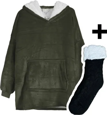 Produktbild von Zoem - Fleecedecke mit Ärmeln - inklusive Fleecesocken - Kombi-Deal - Fleece Plaid - Pullover - super weich - 280 g/m² - Armeegrün - Pullover - Kuscheln - Hoodie - Kuscheln Hoodie - Oversized Fleece - Winterpullover