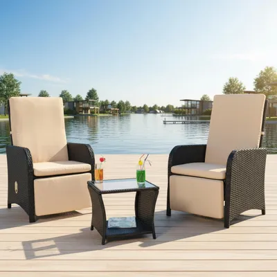 Produktbild von Melko Sitzgarnitur 2 Sessel Tisch Polyrattan Gartenmöbel Essgruppe - Schwarz