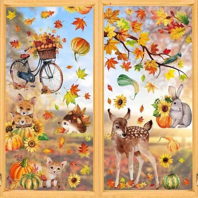 Image de Décorations d'automne autocollantes, petits motifs d'animaux, feuilles, stickers muraux pour chambres d'enfants et cafés