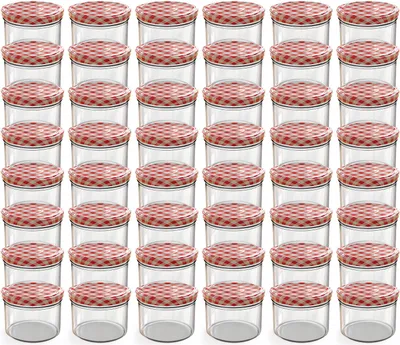 A grid of empty glass jars with red and white checkered lids.