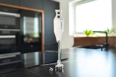 Der Unold ESGE-Zauberstab® P 350 Profi Stabmixer mit Metallschaft und -messer steht aufrecht auf ein