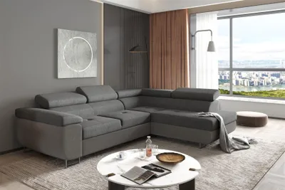 Produktbild von Couchgarnitur JADE Stoff Dunkelgrau mit Schlaffunktion Ottomane Rechts