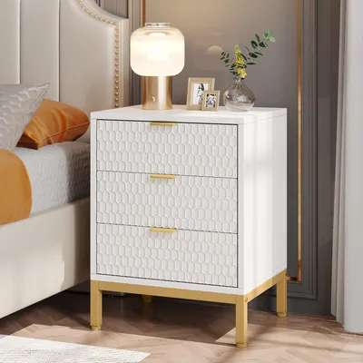 Image de Table de chevet moderne, hauteur 65,5 cm, avec 3 tiroirs, blanche et dorée