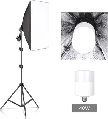 Immagine prodotto di Set di illuminazione con softbox per fotografia, stativo regolabile, compatibile con lampadine E27, lampadina da 40 W