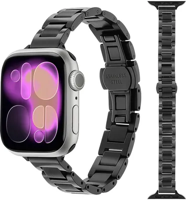Produktbild von Stravo Slim Edelstahl Uhrenarmband Schmuck passend für Apple Watch 49/46/45/44 mm Serie 4-11, Ultra 1/2/3 mit Faltschließe – Schwarz