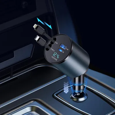 4-in-1 Auto-Sigarettenanzünder 60 W, einziehbare Kabel, 2 USB-Ports