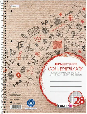 Immagine prodotto di LANDRE Collegeblock Recycling A4+ 80 Blatt Lineatur 28 rot