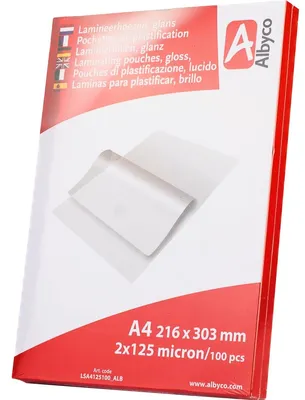 Image de Albyco - Films à plastifier A4 qualité 250 microns (2x125 microns) - 100 pièces - Film A4 Brillant, Pochettes à plastifier - Film à plastifier - Transparent
