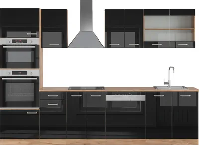Produktbild von Küchenzeile Vicco R-Line Schwarz Hochglanz/Goldkraft Eiche 300 cm mit Hochschrank, ohne Arbeitsplatte, Model 40973