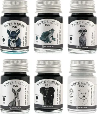 Zdjęcie produktu dla Zestaw tuszów do pisania i rysowania BASIC GREY, tusz do pisania i rysowania, 6 x 10 ml