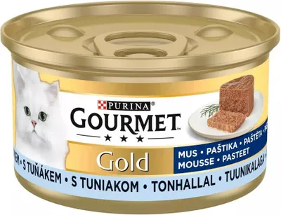 A can of Purina Gourmet Gold cat food with tuna.