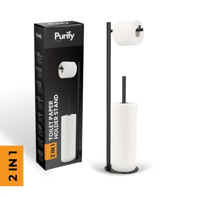 Produktbild von Purify Prime 2-in-1 WC-Papierhalter aus Edelstahl – Stehend & platzsparend, mit Halter für 1 Rolle + 3 Ersatzrollen – Schwarz, modern & stabil