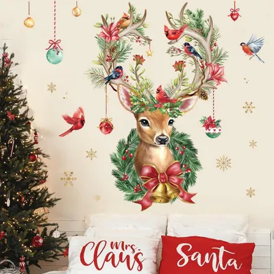 Productafbeelding van Kerstwanddecoratie: rendier, kardinaal en vogels, set van 2, 70x96 cm, zelfklevend, PVC
