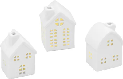 Immagine prodotto di Casetta in ceramica a LED bianca 9 cm - Set di 3 - Villaggio natalizio decorativo con illuminazione in bianco caldo - Stand per decorazioni da tavola natalizie casetta invernale