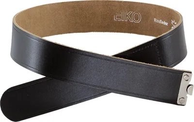 A black leather belt is shown against a white background.
