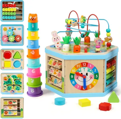 Imagen del producto de Cubo de actividades de madera. Mesa de actividades de madera. Centro educativo. Laberinto de cuentas. Juguete de clasificación para niños, bebés, niños y niñas