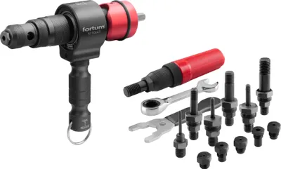 A set of tools for riveting, including a main tool and various attachments, laid out on a white background.