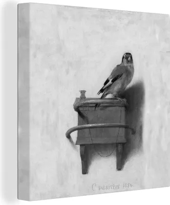Produktbild von MuchoWow® - Leinwandbilder - Stieglitz - Alter Meister - Carel Fabritius - schwarz und weiß, Wandbild, Wanddeko Bilder Wohnzimmer, 90x90 cm