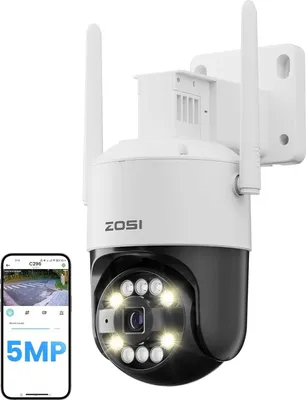 A ZOSI outdoor security camera is shown mounted on a wall, with a smartphone displaying the camera's feed next to it.
