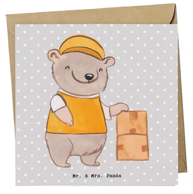 Produktbild von Mr. & Mrs. Panda Grußkarte Paketzusteller Herz - Grau Pastell - Geschenk, Fröhlich, faltkarte, Paketbote, Zustellservice Pakete, Glückwunschkarte, Klappkarte, gut Gelaunt