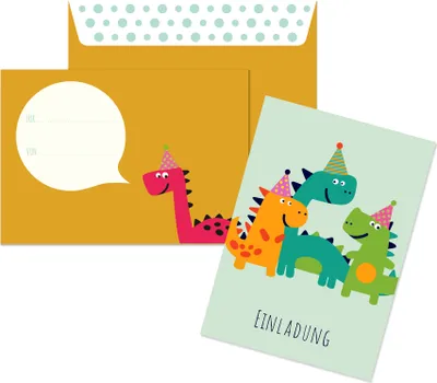 Produktbild von Friendly Fox 12 Dino Einladungen, DIN A6 Einladungskarten Dinosaurier Kindergeburtstag Junge Mädchen, Geburtstagseinladung mit Umschlag