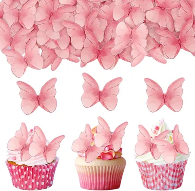 Imagen del producto de Decoraciones comestibles para tartas, en forma de mariposas, color rosa. Set de 48 unidades