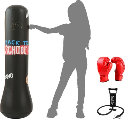 Obrázok produktu pre Čierne boxovacie vrece pre deti 120 cm, stojace boxovacie vrece Stojace nafukovacie boxovacie vrecia Tumbler Kids Fitness dekompresné vrecia na piesok Kick Fighting Training, s manuálnou vzduchovou pumpou a boxerskými rukavicami