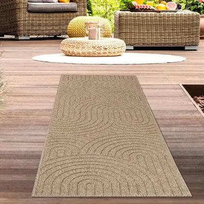 Produktbild von Teppich In- und Outdoor mit Kreislinien-Muster in Beige für moderne Wohn- und Außenbereiche Größe - 80 x 150 cm