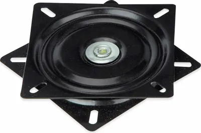 A black metal swivel plate with mounting holes, shown from a diagonal angle against a white background.