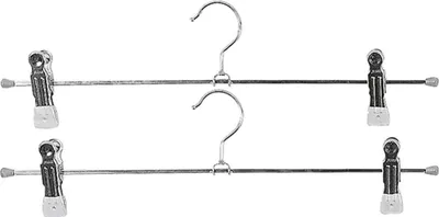 Two silver pant hangers with clips against a white background.
