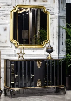 Produktbild von Casa Padrino Luxus Barock Möbel Set Sideboard mit Spiegel Schwarz / Gold - Verspiegelter Massivholz Schrank mit elegantem Wandspiegel - Barock Möbel - Edel & Prunkvoll