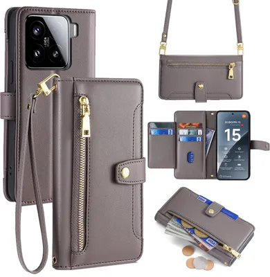 Produktbild von Handykette für Xiaomi 15 Hülle mit Band Handyhülle Kartenfächer Kunstleder Umhängetasche in Grau