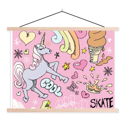 Produktbild von MuchoWow® Textilposter Mädchen - Design - Einhorn - Regenbogen - Rosa 40x30 cm mit holzfarbenen Rahmen - Bilder