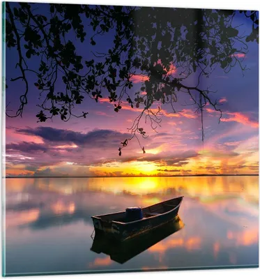 Produktbild von Bilder auf glas - Boot Sonnenuntergang See Himmel - 30x30cm - Glasbilder - Wandbilder - Kunstdruck - zum Aufhängen bereit - Wanddekoration aus Glas - Glas Bilder - Wandbild auf Glas - GAC30x30-2967