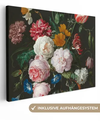 Produktbild von MuchoWow® - Leinwandbilder - Stilleben mit Blumen in einer Glasvase - Gemälde von Jan Davidsz. de Heem, Wandbild, Wanddeko Bilder Wohnzimmer, 80x60 cm
