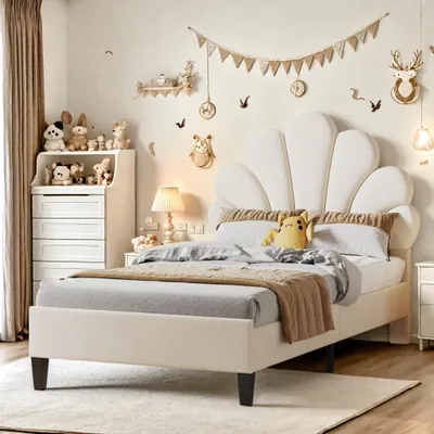 Immagine prodotto di Letto per bambini INONEFT, imbottito, 90x200 cm, letto per bambine con testiera a forma di fiore, letto per adolescenti con rete a doghe, struttura imbottita in tessuto velluto, color beige