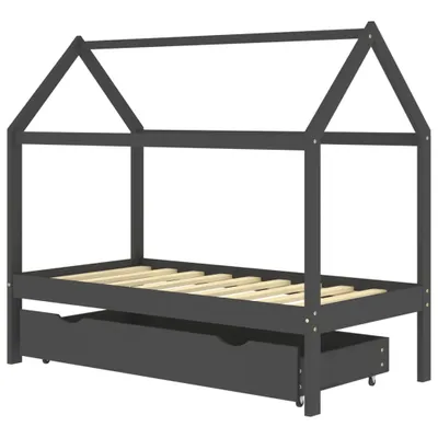 Produktbild von Kinderbett mit Schublade Dunkelgrau Massivholz Kiefer 80x160 cm