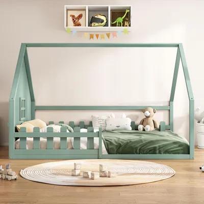 Image de Sweiko lit plat, 140x200 cm, lit d'enfant, barre de maison, rampe, bois de pin, vert