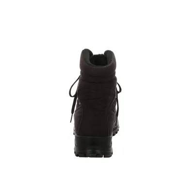 A black boot is shown from the back against a white background.