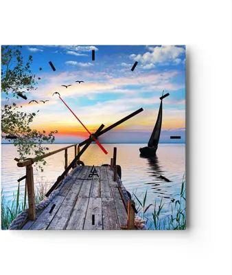 Produktbild von Wanduhr - Quadrat - Glasuhr - Brücke See - 30x30cm - Schleichendes Uhrwerk - Lautlos - zum Aufhängen bereit - Dekoration Modern - Wanddekoration aus Glas - C3AC30x30-4115