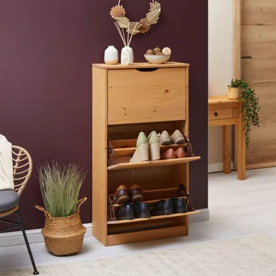 Produktbild von Schuhschrank BASIL, schöner Schuhkipper mit 3 Klappen, praktische Schuhkommode aus Kiefer in braun