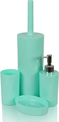 Produktbild von 4-teiliges Badezimmer Zubehör Set ( Türkis ), Zahnbürstenbecher - Seifenspender - Seifenschale - WC-Garnitur, Badaccessoires